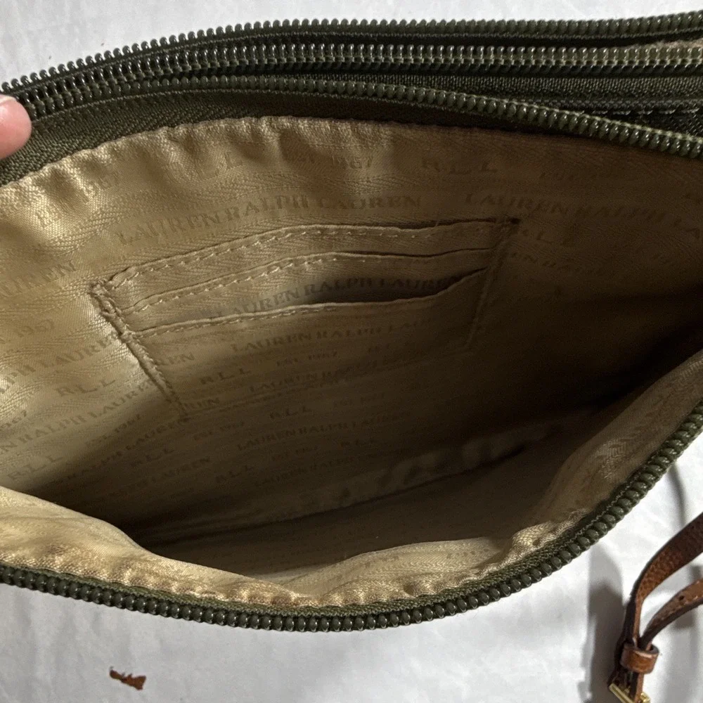 Lauren Ralph Lauren Green Nylon Crossbody Bag Brown Strap Gold Hardware